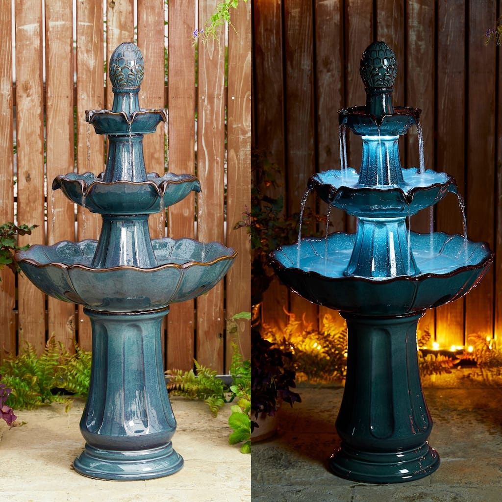 Glitzhome 45"H Oversized 3-Tier Pedestal Lotus Ceramic Resin Outdoor LED Fountains