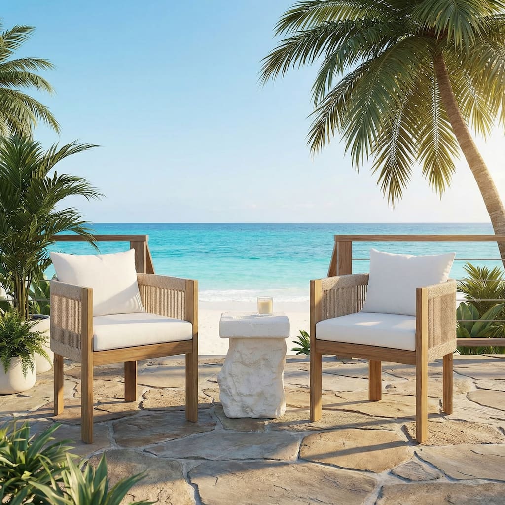 Christopher Knight Home - Outdoor Wooden Conversation Set with Rope Dining Chairs and MGO Accent Table (3-Piece Set)