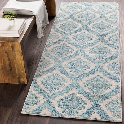 Riley Light Blue Damask Trellis Area Rug - 2' 7" x 7' 3"