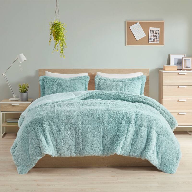 Intelligent Design Leena Shaggy Long Fur Comforter Mini Set - Aqua - King