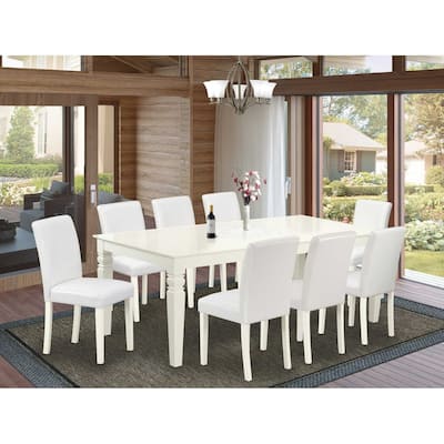 Rectangle Kitchen Dining Table Set 9Pc - 66/84 Inch Table w/ Leaf & 8 Parsons Chairs - White PU Leather
