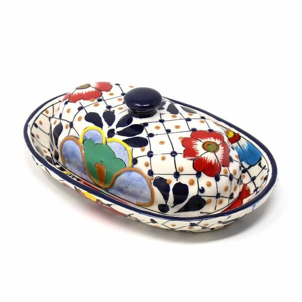 slide 2 of 8, Handmade Pottery Butter Dish, Dots & Flowers