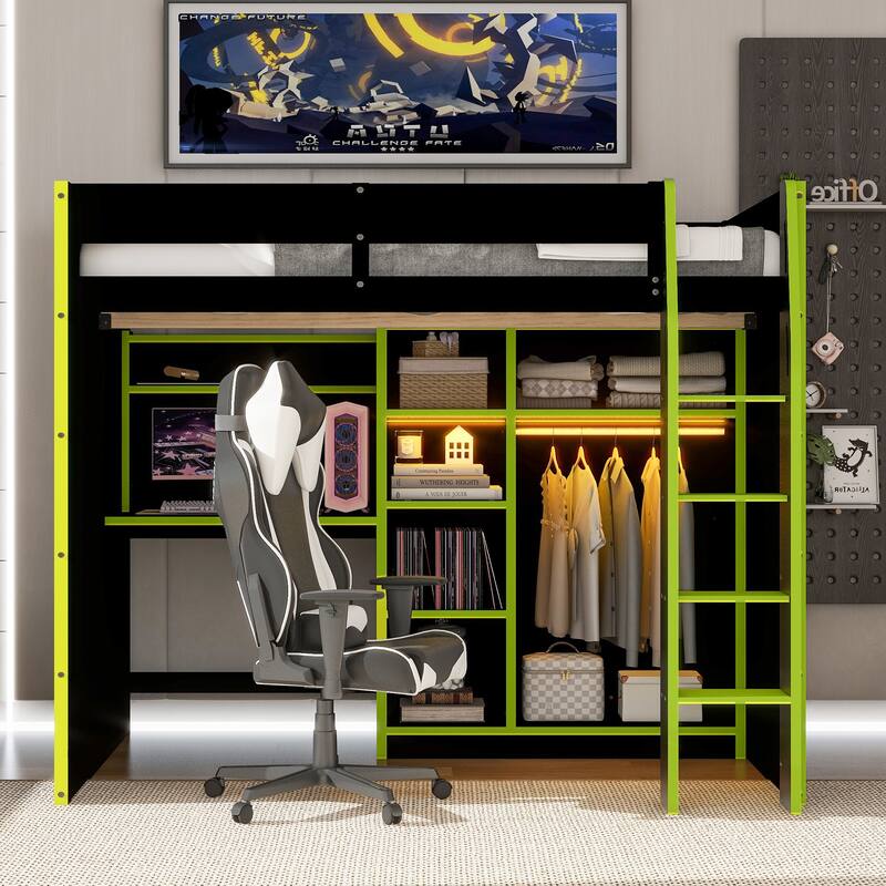 All-in-one Full Size Wood Loft Bed for Gaming & Workspace with Desk, Open Wardrobe, Storage Compartments and RGB Light Strip - Green - Full