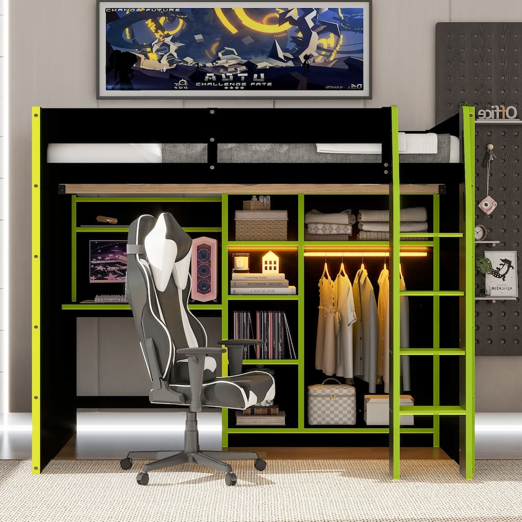 Full Size Wood Loft Bed with Desk, Open Wardrobe, Storage Compartments, and RGB Lights in Green