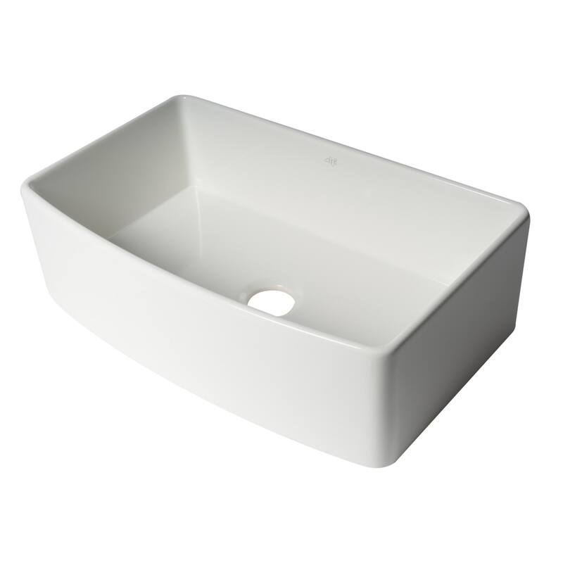 ALFI Brand White Smooth Curved Apron 33" x 20" Single Bowl Fireclay Farm Sink with Grid