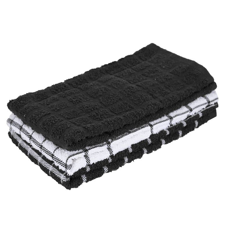 RITZ Cotton Terry Check Kitchen Towels (Set of 3) - Black