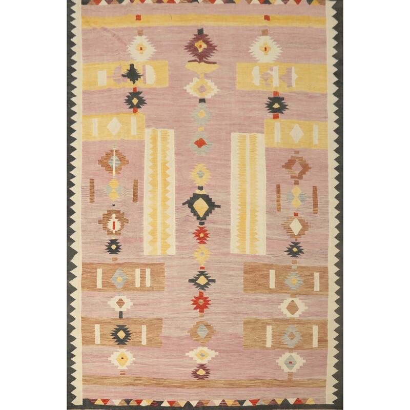 Hand Woven Oriental 100% Wool Carpet Southwestern Tribal Pink Kilim Area Rug - 12' 9'' X 9' 11''