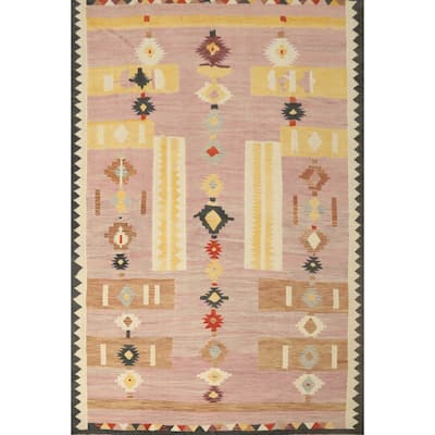 Hand Woven Oriental 100% Wool Carpet Southwestern Tribal Pink Kilim Area Rug - 12' 9'' X 9' 11''