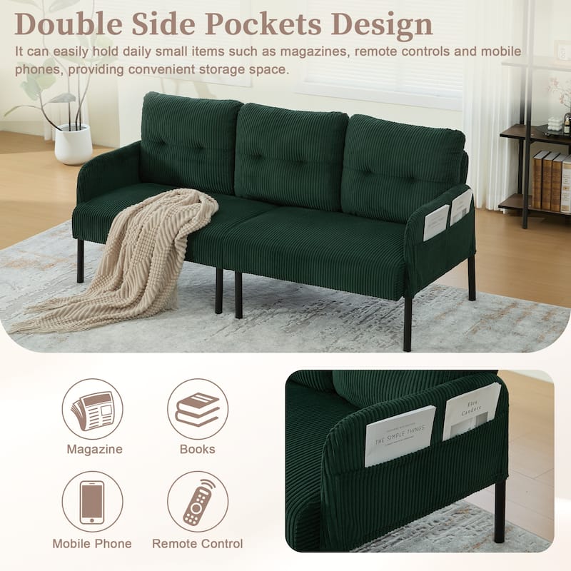 HOMEFUN Corduroy Upholstered Oversized Wood Frame Loveseat Sofa with Metal Legs and Side Pockets