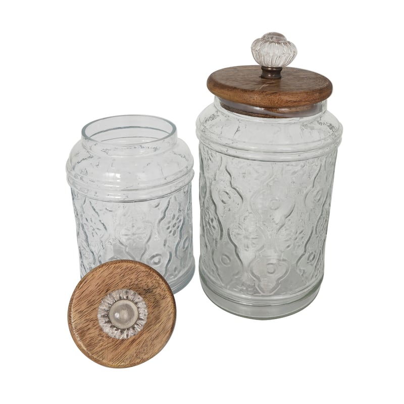 Clear Glass Floral Living Room Decorative Jars with Brown Wooden Lids and Antique Style Knobs (Set of 2)