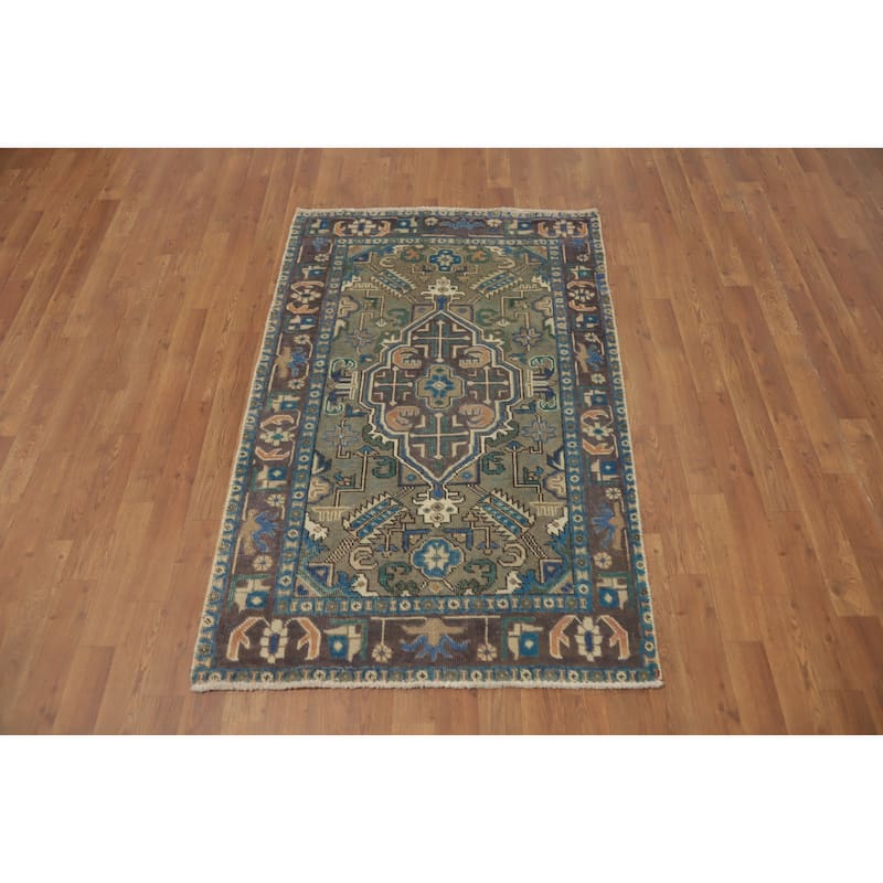 Hand Knotted Oriental 100% Wool Carpet Traditional Geometric Green Tabriz Area Rug - 4' 11'' X 3' 2''