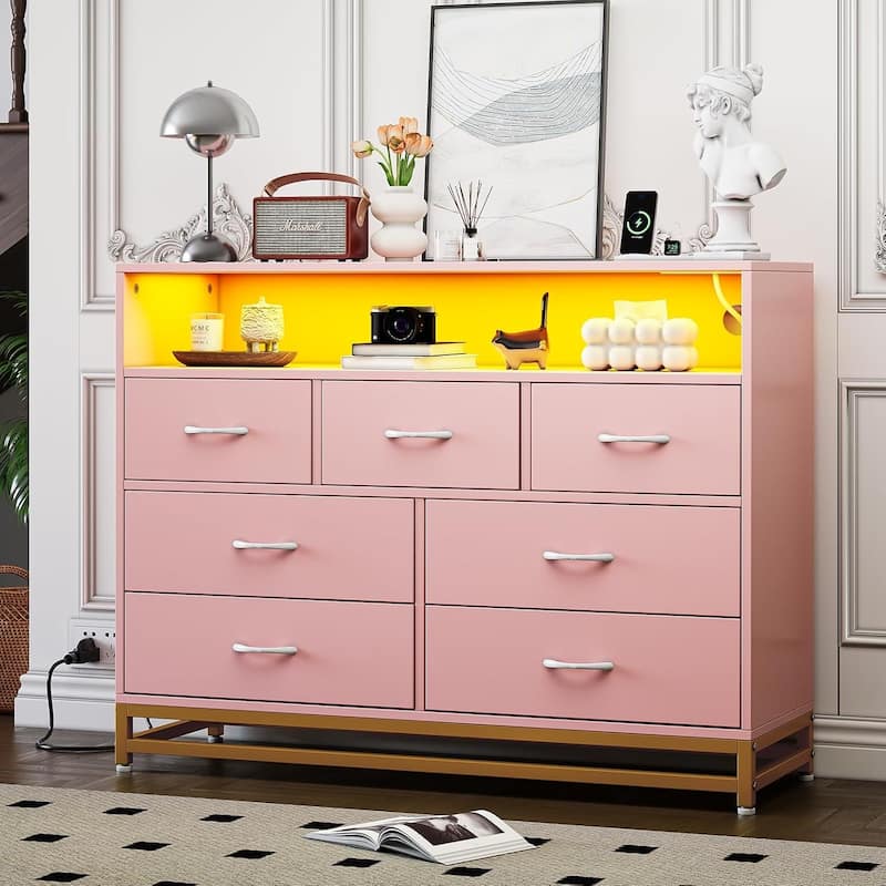 7 Drawers Dresser for Bedroom, Wooden Dresser, Modern Wide Chest of Drawers - Pink - 7-drawer