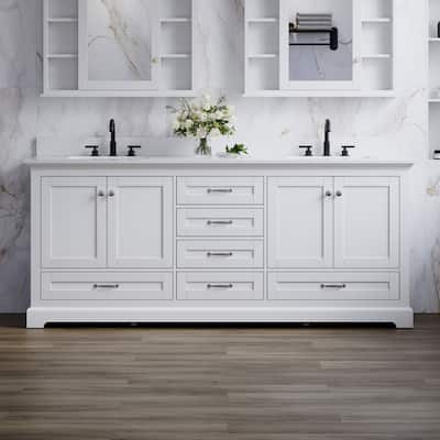 80''W Solid Wood Frame Bathroom Vanity With Pure White Culutered Marble Countertop And Double Sink