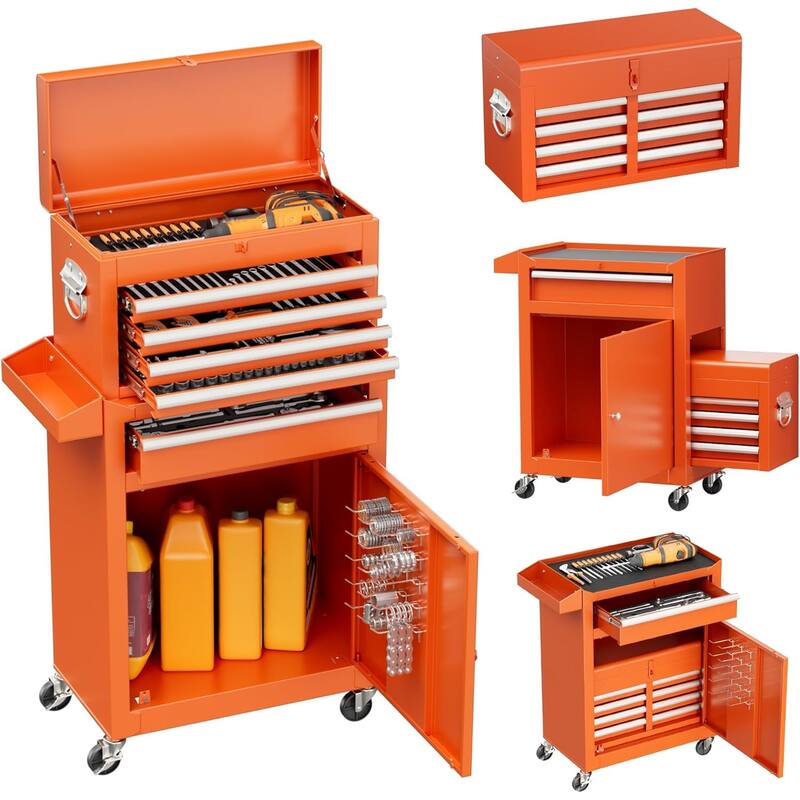 5 Drawer 2 in 1 Rolling Tool Chest Storage Box Garage Rolling Cabinet with Detachable Top Tool Box and Universal Lockable Wheels - Orange
