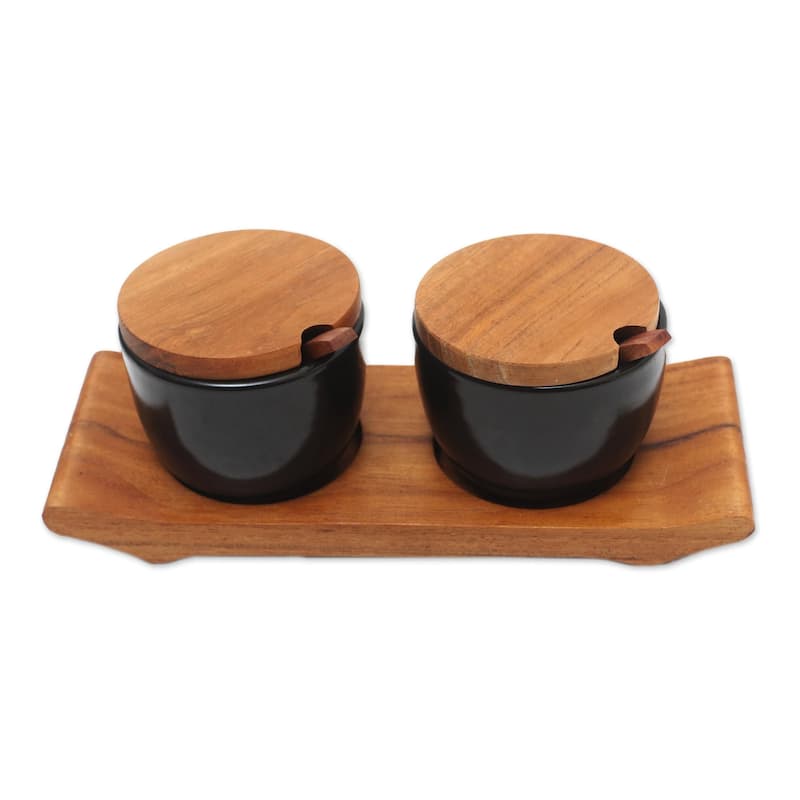 Novica Handmade Flavor Duo In Black Ceramic And Teak Wood Condiment Set
