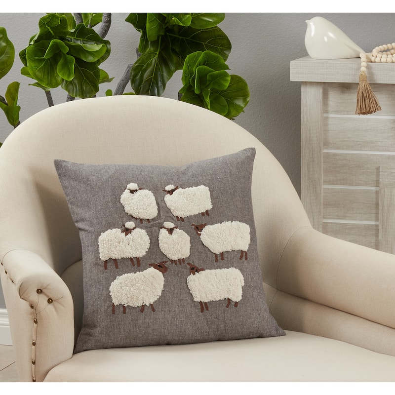 Throw Pillow With Embroidered Sheep Design, 18"x18"