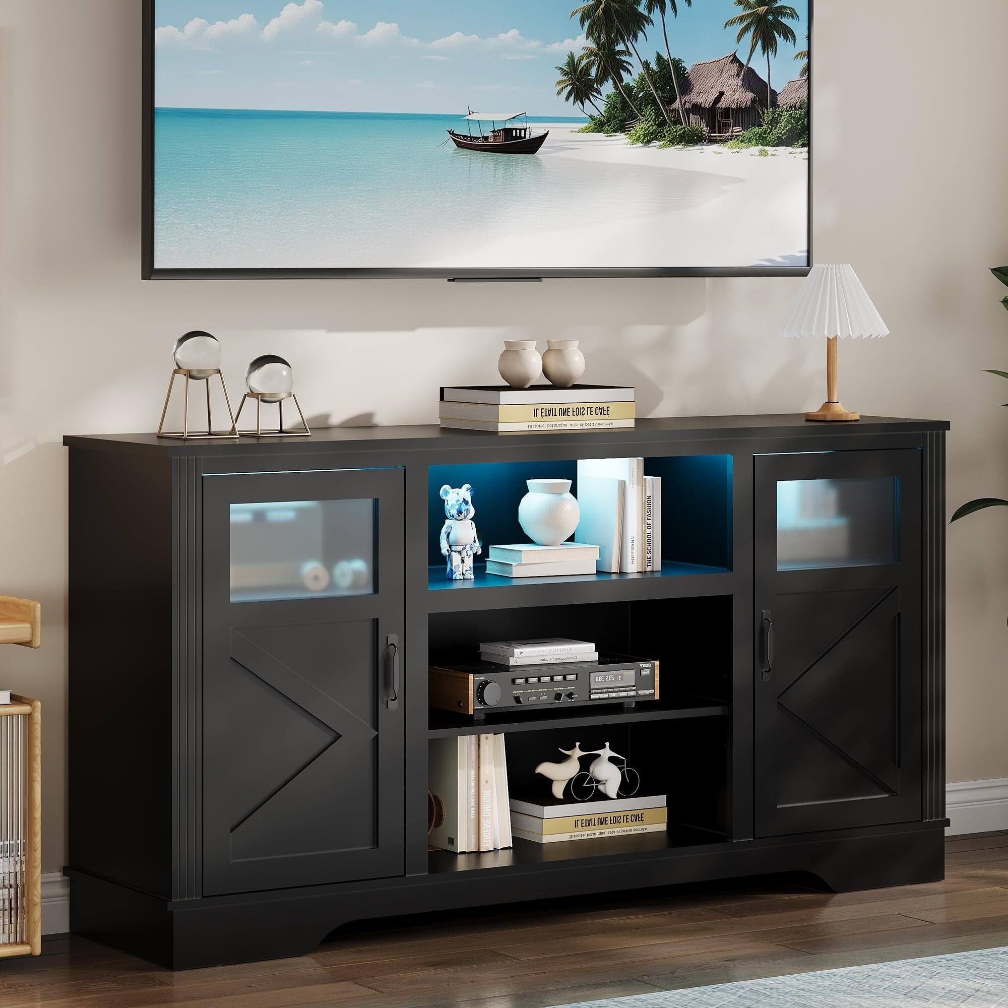 Farmhouse TV Stand with LED Lights Entertainment Center for 65 60 55 Inches Televisions On Sale Bed Bath Beyond 41588959
