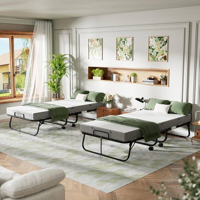 Folding Bed with Mattress, Portable Folding Bed with Adjustable Backrest and Wheel