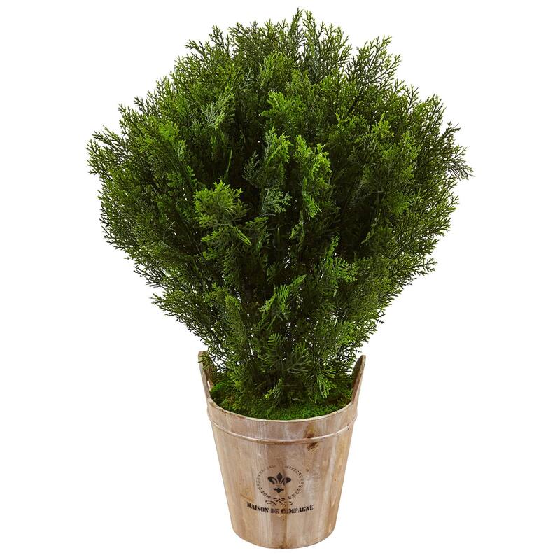 Artificial Plant in Barrel Planter - 3ft Indoor Outdoor Faux Greenery Decor - Green
