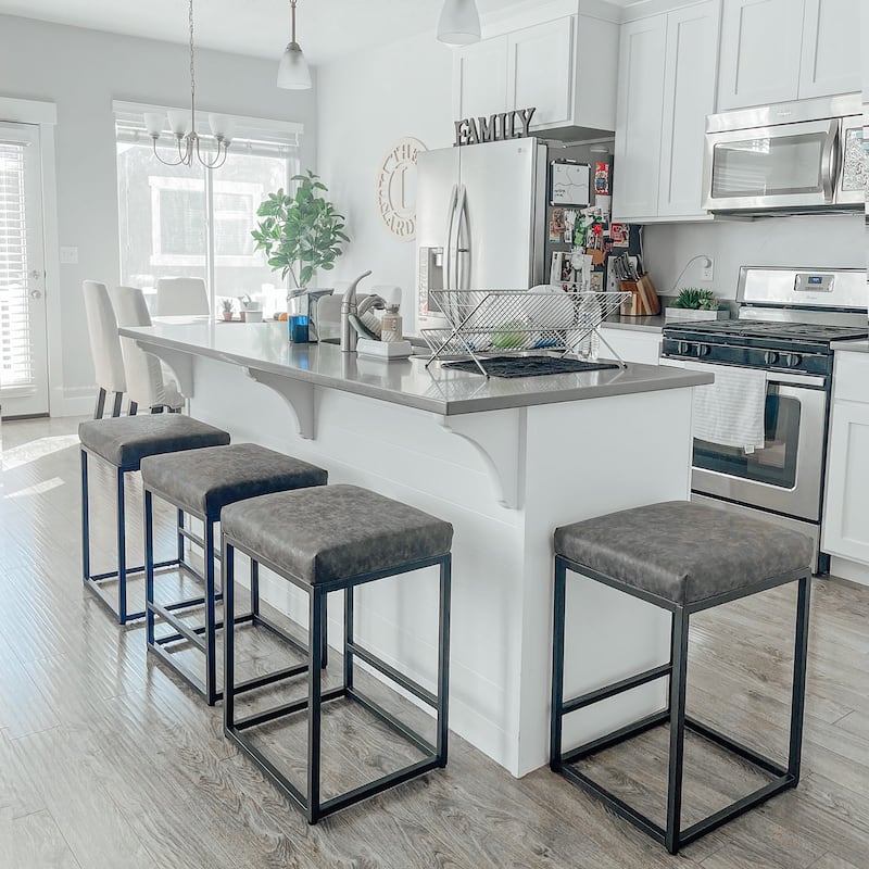 PHI VILLA 24'' Square PU Leather Bar Stool with Sturdy Metal Frame, Set of 2