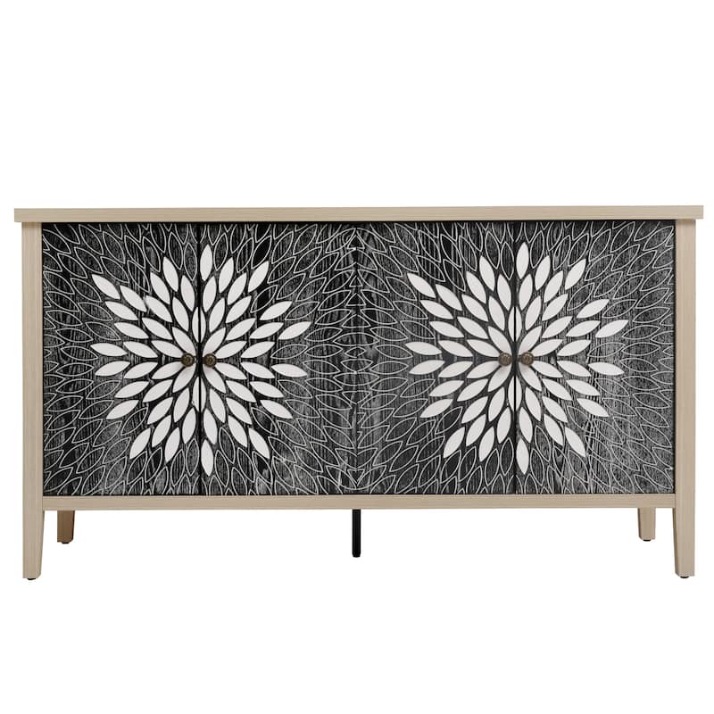 4 Door Carved Storage Cabinet, Multifunctional Wooden Sideboard Cabinet, Accent Cabinet with Adjustable Shelves & Support Feet
