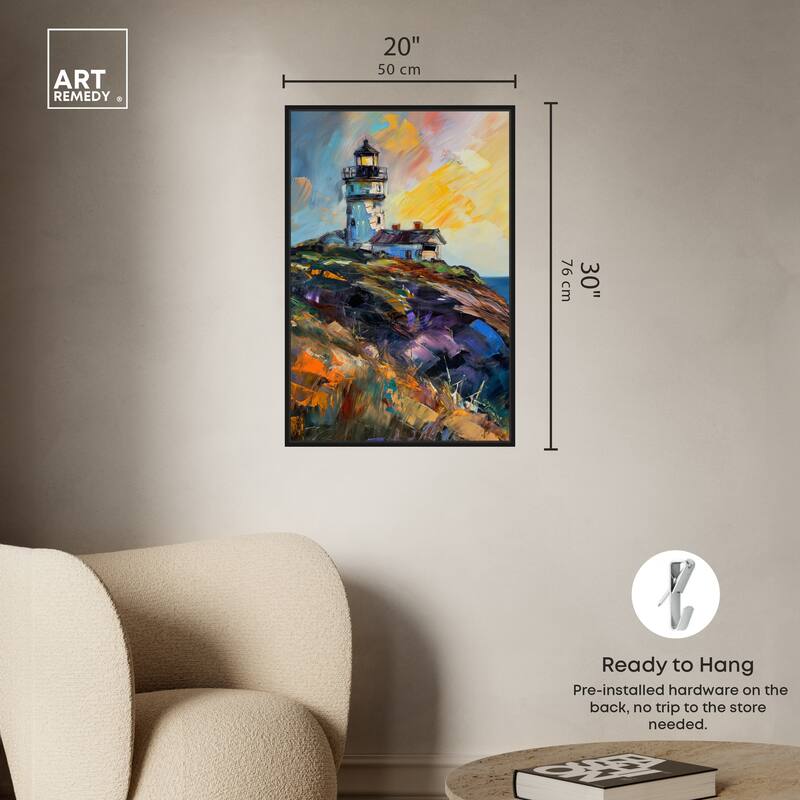 Art Remedy Colorful Lighthouse Framed Impressionism 1 Piece Canvas Wall Art /Monet And Van Gogh Inspired Art