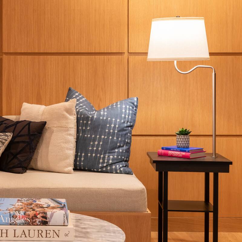 Brightech Madison 56 in. Black with White Fabric Drum Shade Modern LED Bedside Table Lamp with Built-In USB Port (2-Pack)