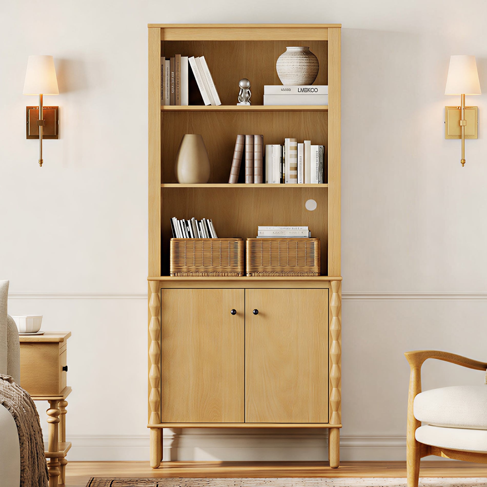 WAMPAT 73" Wood Bookcase with Open Shelf and Door Storage