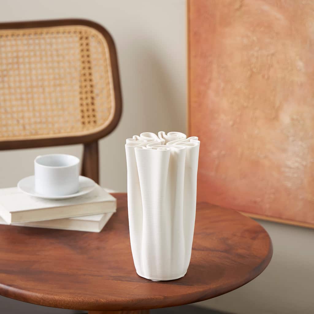 White Ceramic Ribbed Dimensional Folded Abstract Vase with Compact Wavy Rim