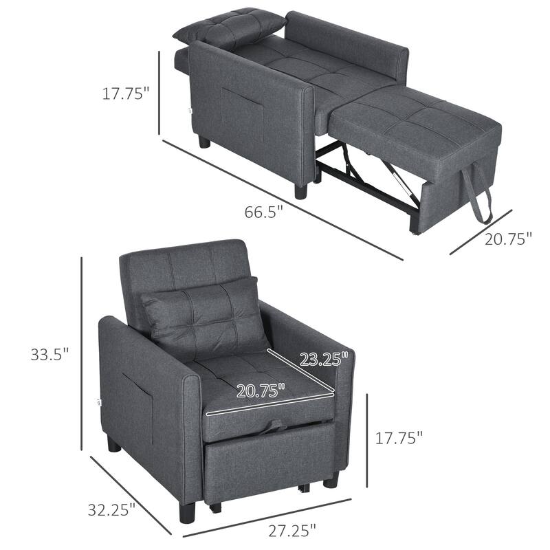 Dark Grey Modern 27.3" 3 in 1 Polyester Single Convertible Sofa Bed with Adjustable Back and Pillow for Living Room