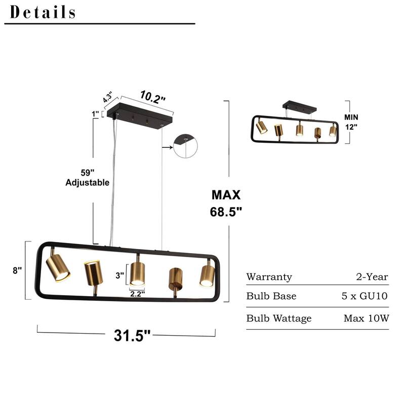 Modern 5-Light Black Gold Metal Linear Chandelier Industrial Island Pendant Lights for Dining Room - 31.5 "