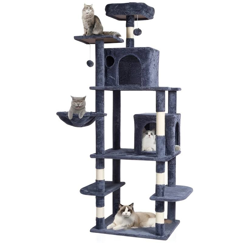 Dark Grey Plush 8-Layer Cat Tree with Condos, Hammock & Toys