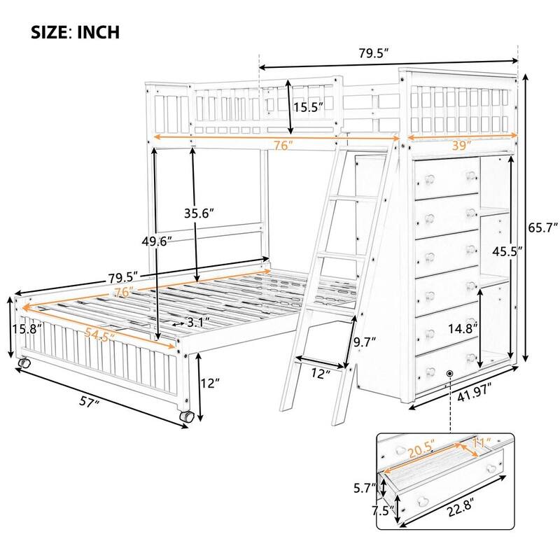 Twin over Full Bunk Bed with Six Drawers and Flexible Shelves