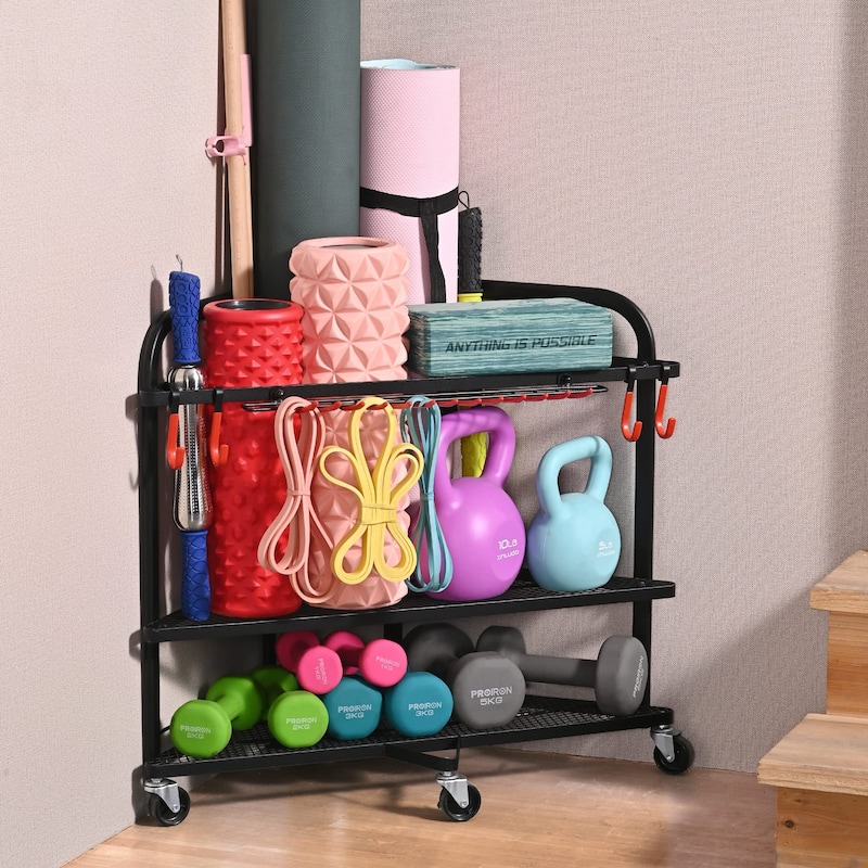 Corner Yoga Mat Storage Rack Rolling Home Gym Organizer with Hooks