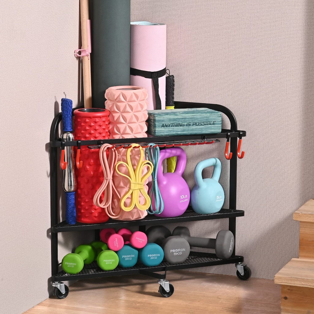 Corner Yoga Mat Storage Rack Rolling Home Gym Organizer with Hooks