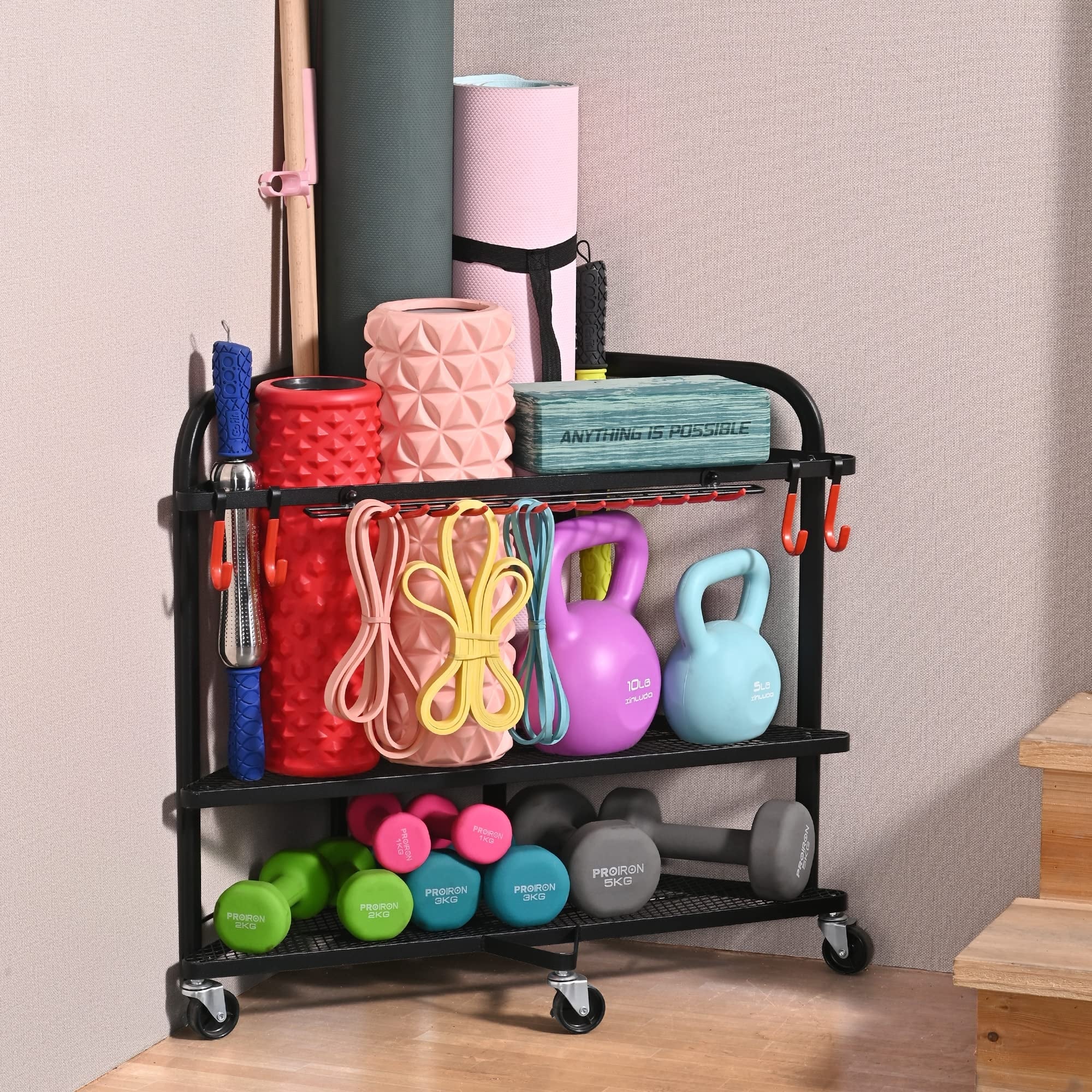 Corner Yoga Mat Storage Rack Rolling Home Gym Organizer with Hooks