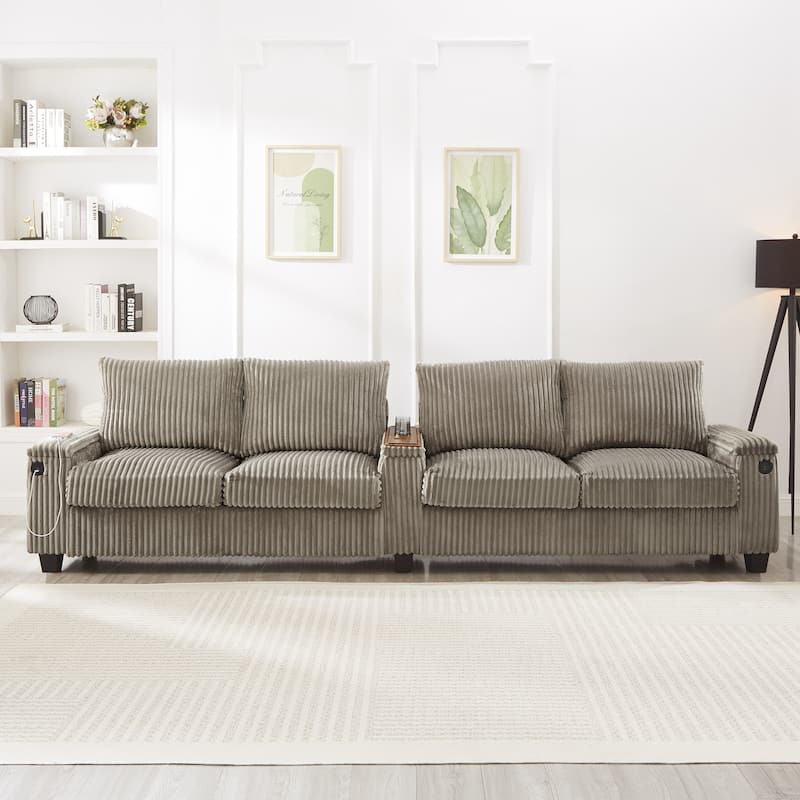 4 Seater Corduroy Sofa Couch with USB Ports and Storage Arms, 133" Modern Sofa with Side Pockets and Flip-Top Cup Holders