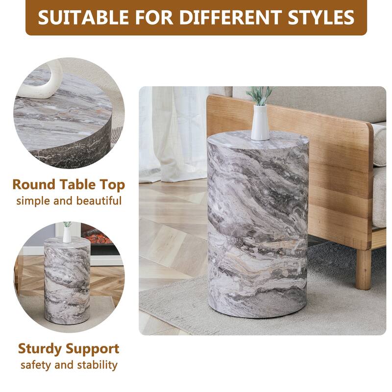 Roomfitters Cylindrical MDF Coffee Table with Gray Marble Finish, 12"x19.7" Industrial Style Accent Table, Gray