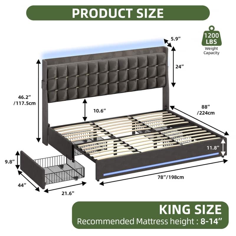 Moasis King Size Velvet Platform Bed with 4 Drawers,Bed Frames with RGB Light & Built-in Charging Station - Grey-4 Drawers - King