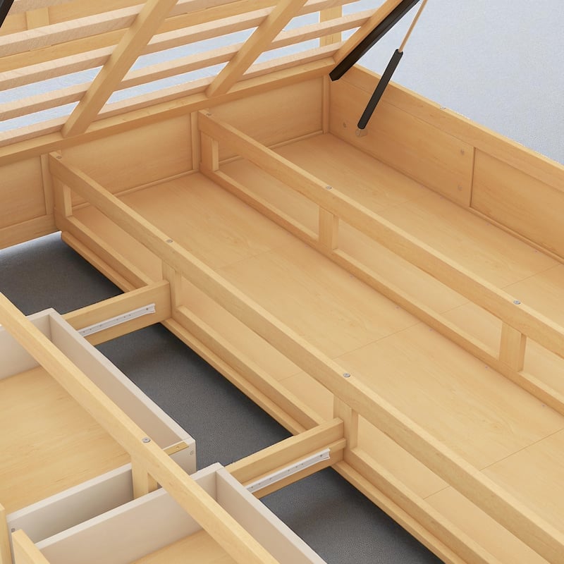 Full/Queen Size Wood Platform Bed with Headboard, 2 Drawers, Extra Storage Space & Sturdy Slats