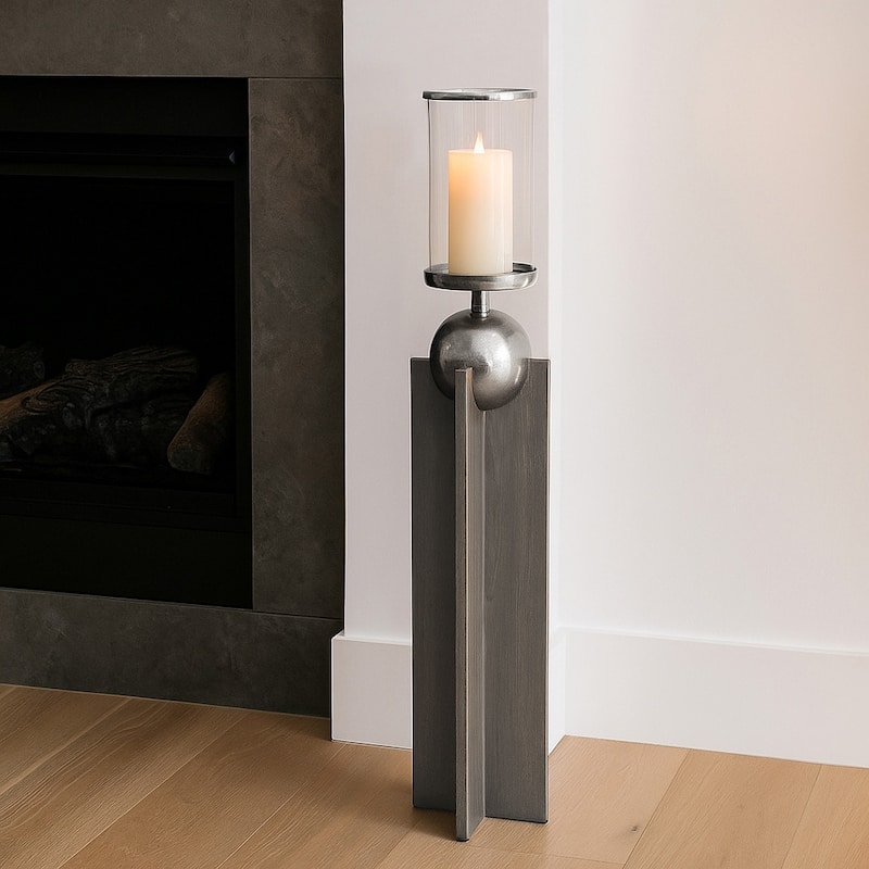Candle Holder - Gray Wood Pillar with Metal Sphere