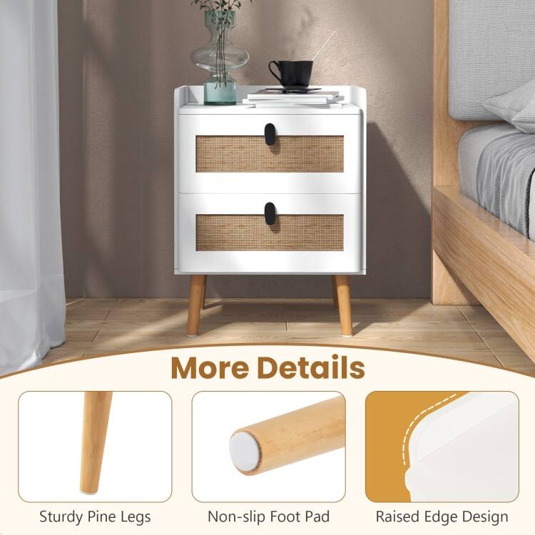 Modern End Table with Wide Top and 2 Rattan Storage Drawers - 17.5" x 15.5" x 22.5"