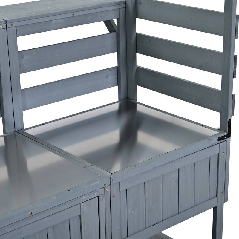 Solid Wood 62.3'' Patio Kitchen Island Kitchen Cart with Stainless Table Top, Garden Potting Bench with Raised Shelf and Drawers