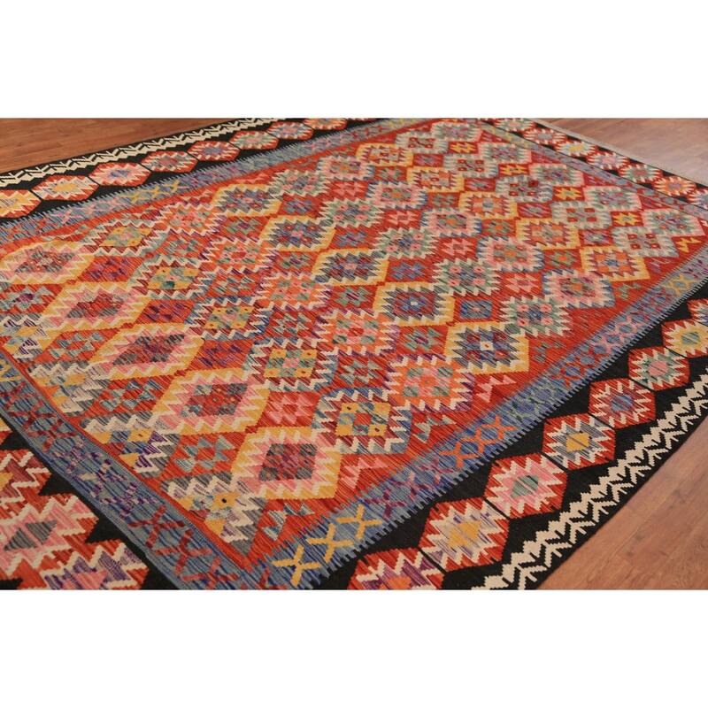 Geometric Kilim Reversible Area Rug Flatweave Oriental Wool Carpet - 8'2"x 11'5"