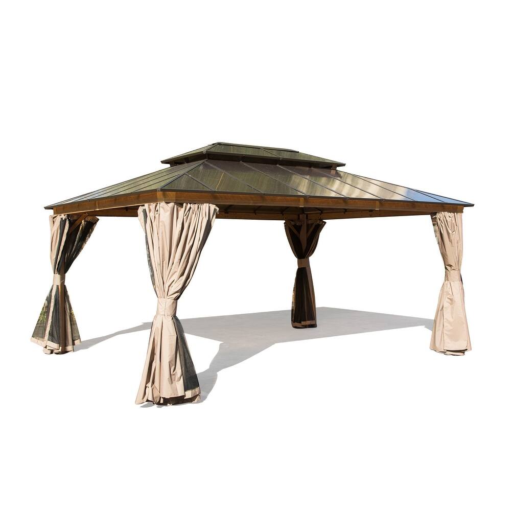 GDFStudio - Everett Permanent Outdoor Gazebo Pavilion with Double Roof and Full Privacy Setup