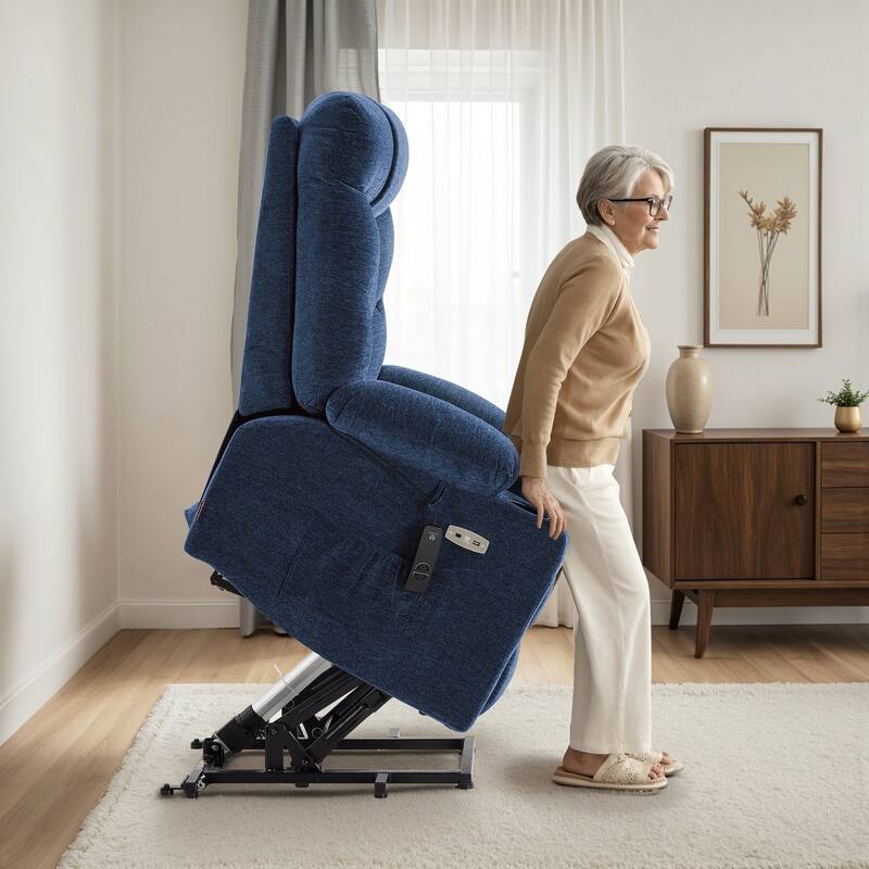MCombo Power Lift Recliner Chair with Extended Footrest for Elderly People, Fabric - Blue