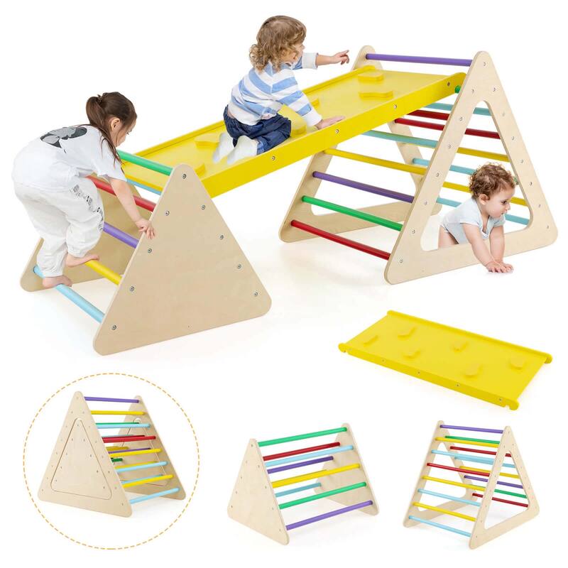 Costway 5 in 1 Montessori Triangle Set 3PCS Wooden Toddler Climbing - See Details - See Details - Yellow