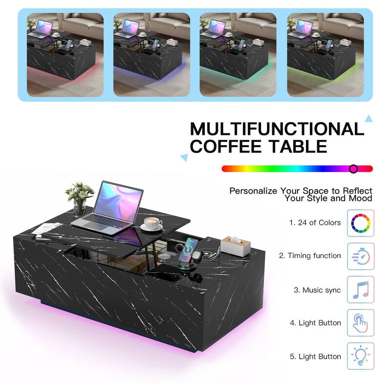 Pocassy LED Coffee Table 47.2" Coffee Tables with Storage Shelf