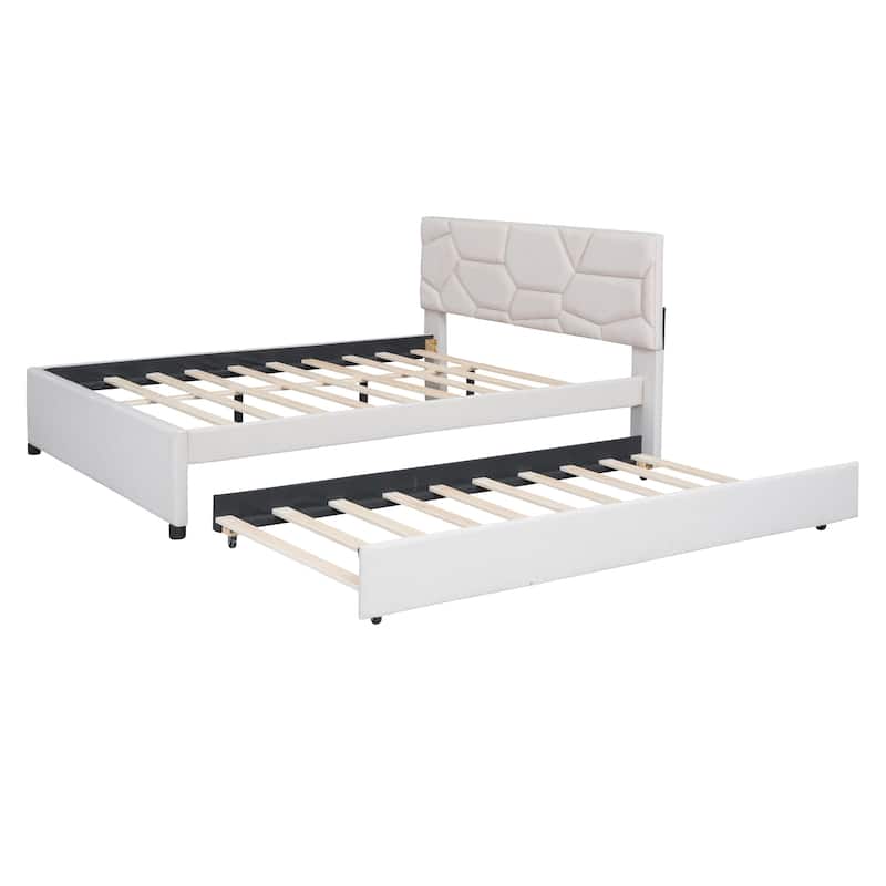 Beige Upholstered Queen Size Platform Bed with Brick Pattern Headboard ...