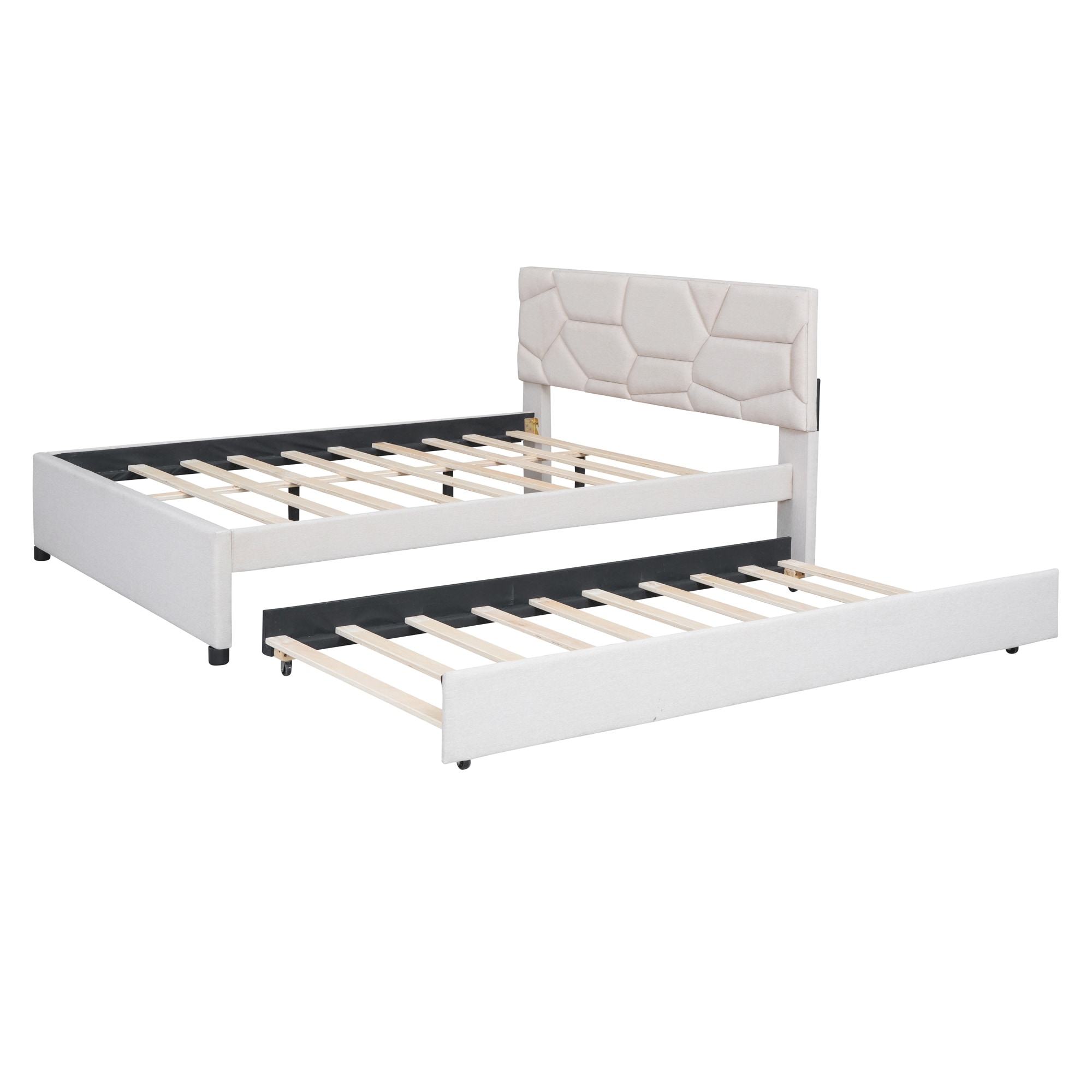 Upholstered Platform Bed with Trundle and Wheel, Brick Pattern Headboard, Linen Fabric Tufted Bed Frame with Wood Slats Support